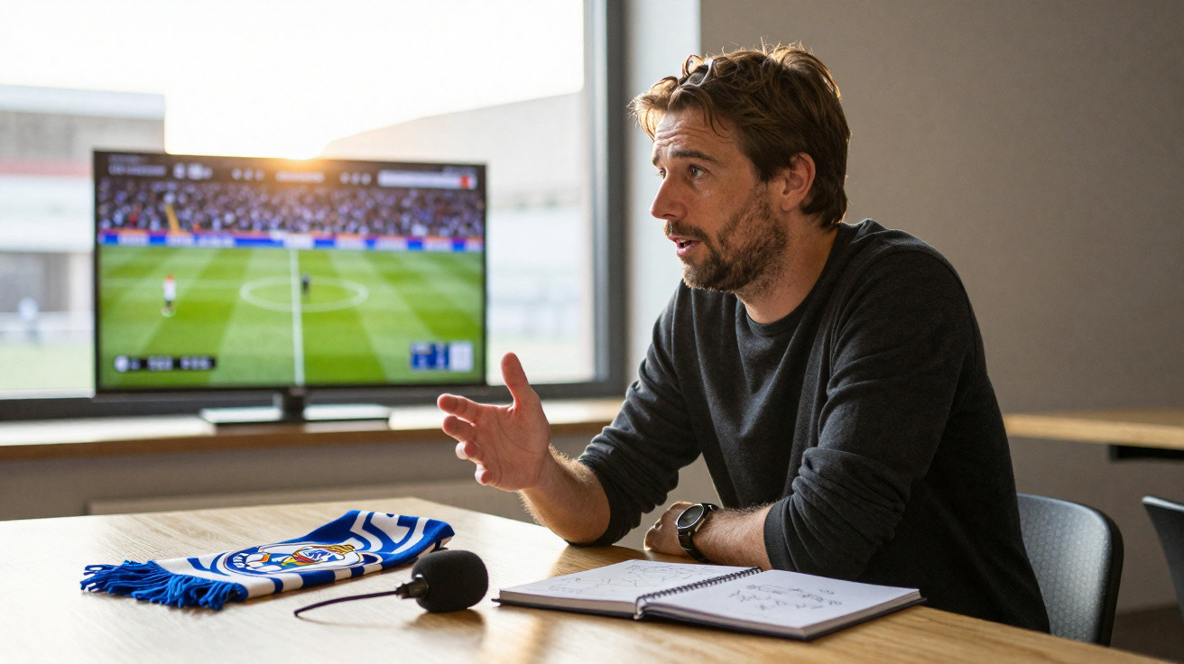 Homem sentado a conversar com caderno, microfone e cachecol de clube de futebol numa mesa, TV com jogo ao fundo.