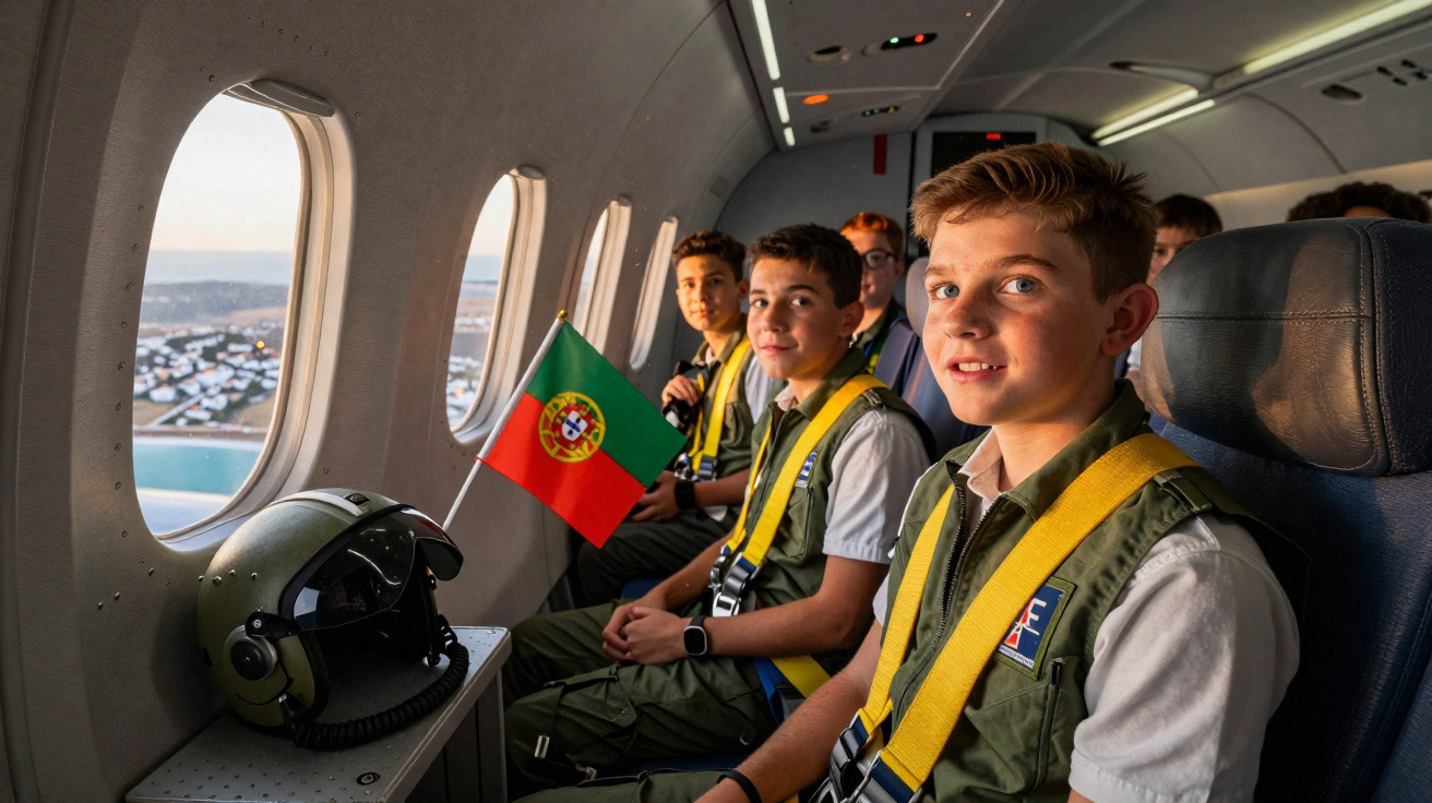 Jovens em uniforme com cintos de segurança sentados num avião, com bandeira de Portugal e capacete no apoio.