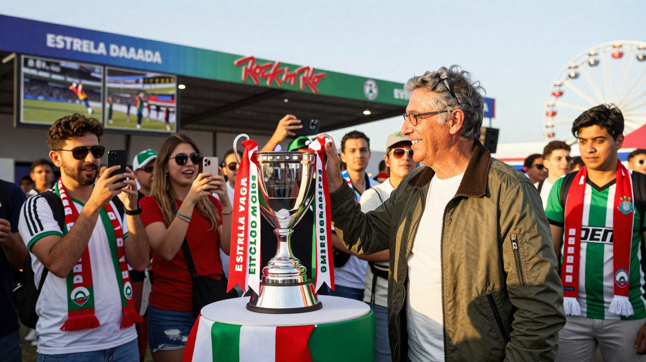 Homem tira foto do troféu da Estrela Vega rodeado de adeptos num evento ao ar livre.