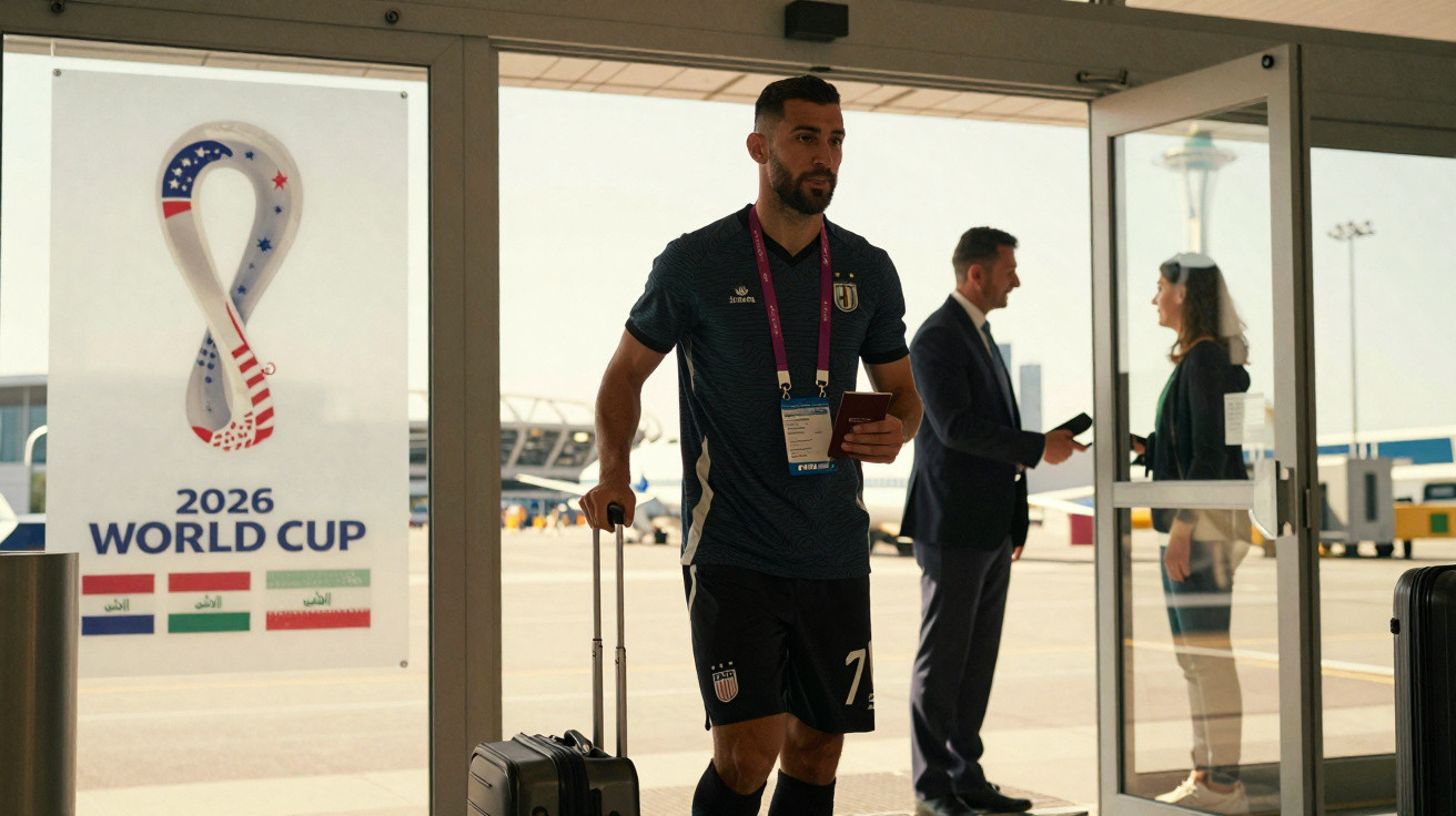 Jogador de futebol com mala e passe a entrar em sala de controlo de passaportes da Copa do Mundo 2026.