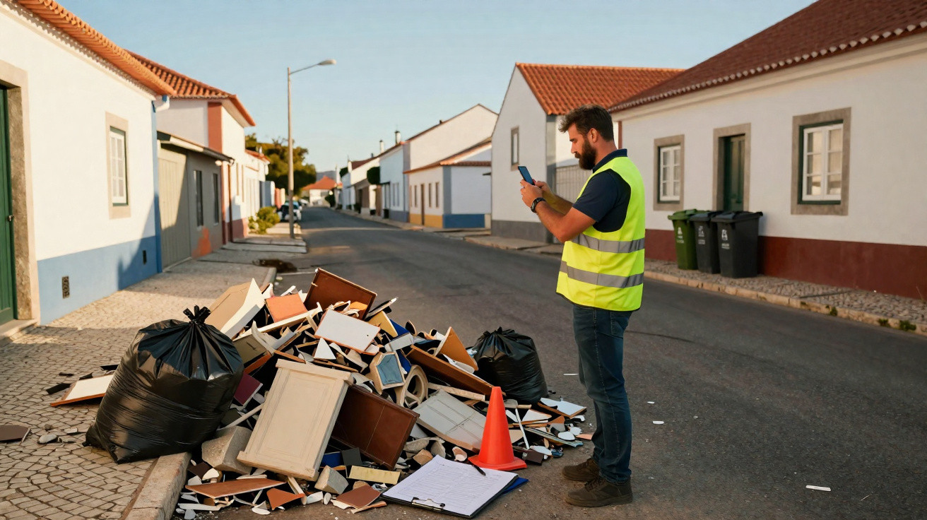 Homem com colete amarelo a tirar foto a entulho e sacos pretos numa rua calma com casas brancas e telhados vermelhos.