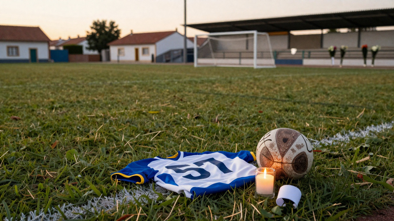 Campo de futebol ao pôr do sol com camisola, bola, vela acesa e fita preta em memória.