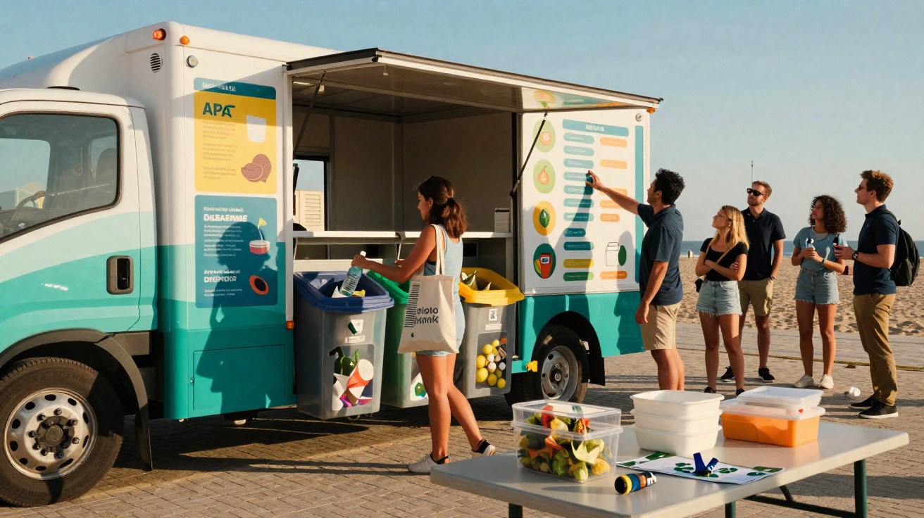 Grupo de pessoas participa em atividade de reciclagem junto a carrinha e vários contentores na praia.