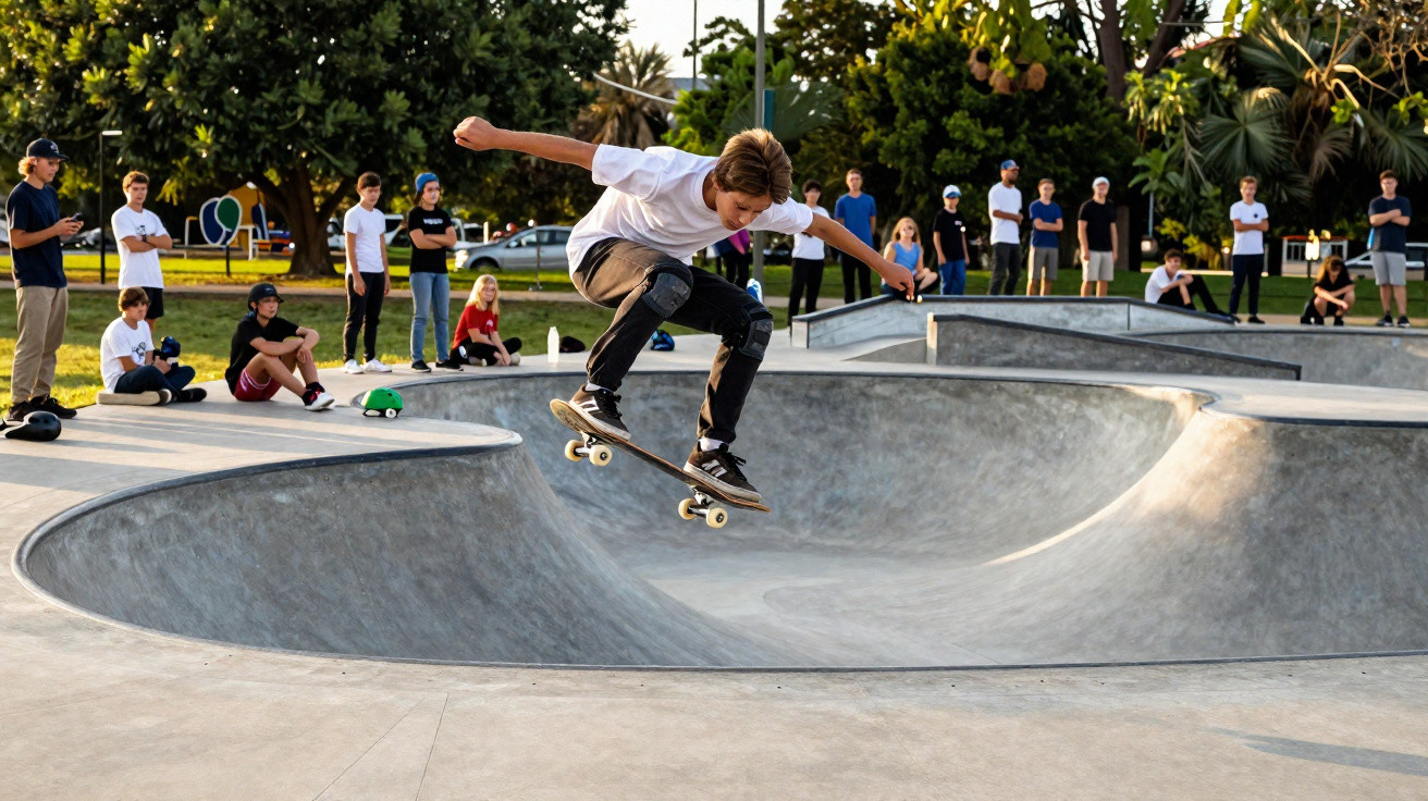 Jovem salta de skate num parque de skate com várias pessoas a observar ao fundo.