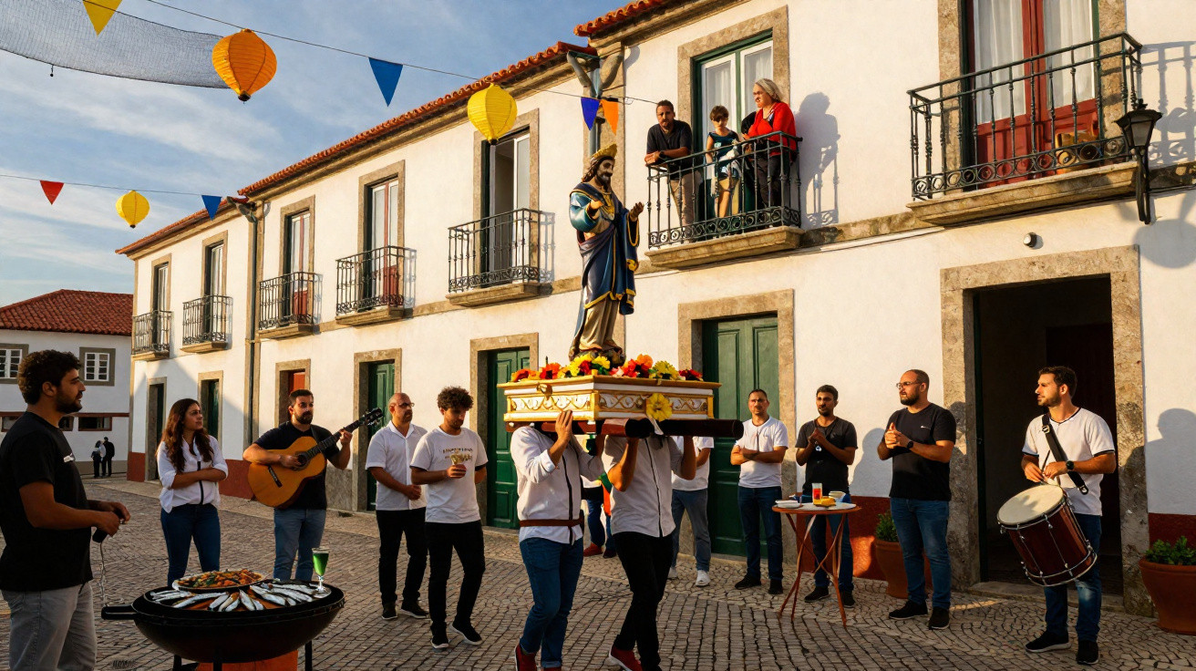 Pessoas a celebrar numa rua com músicos e andores em festa tradicional com bandeirolas e lanternas coloridas.