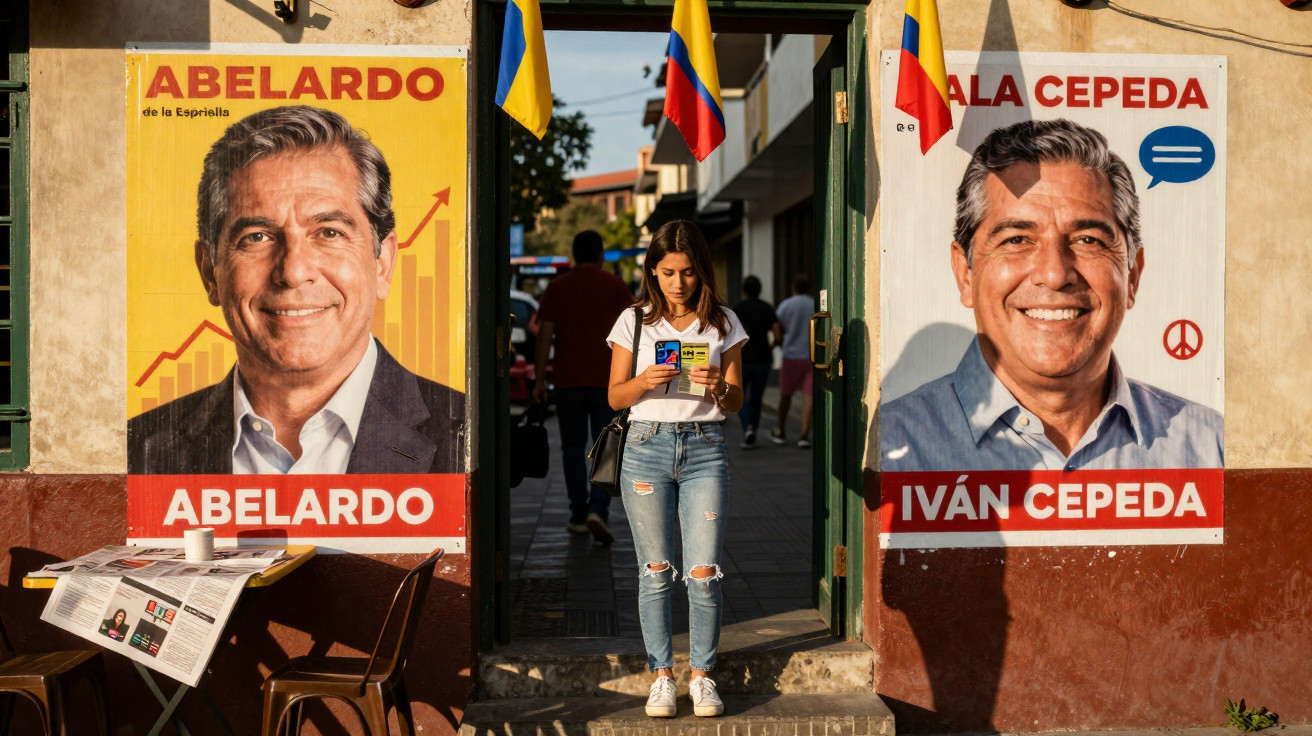 Jovem mulher a ler flyer entre cartazes de campanha política de Abelardo e Iván Cepeda em parede colorida.