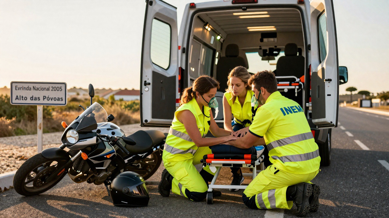 Equipa de socorristas presta assistência a ferido na estrada perto de uma mota caída junto a uma ambulância.
