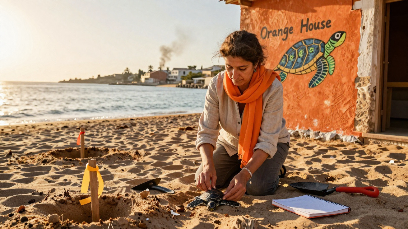 Mulher a libertar uma tartaruga marinha na areia junto a uma casa com mural e notas num caderno.