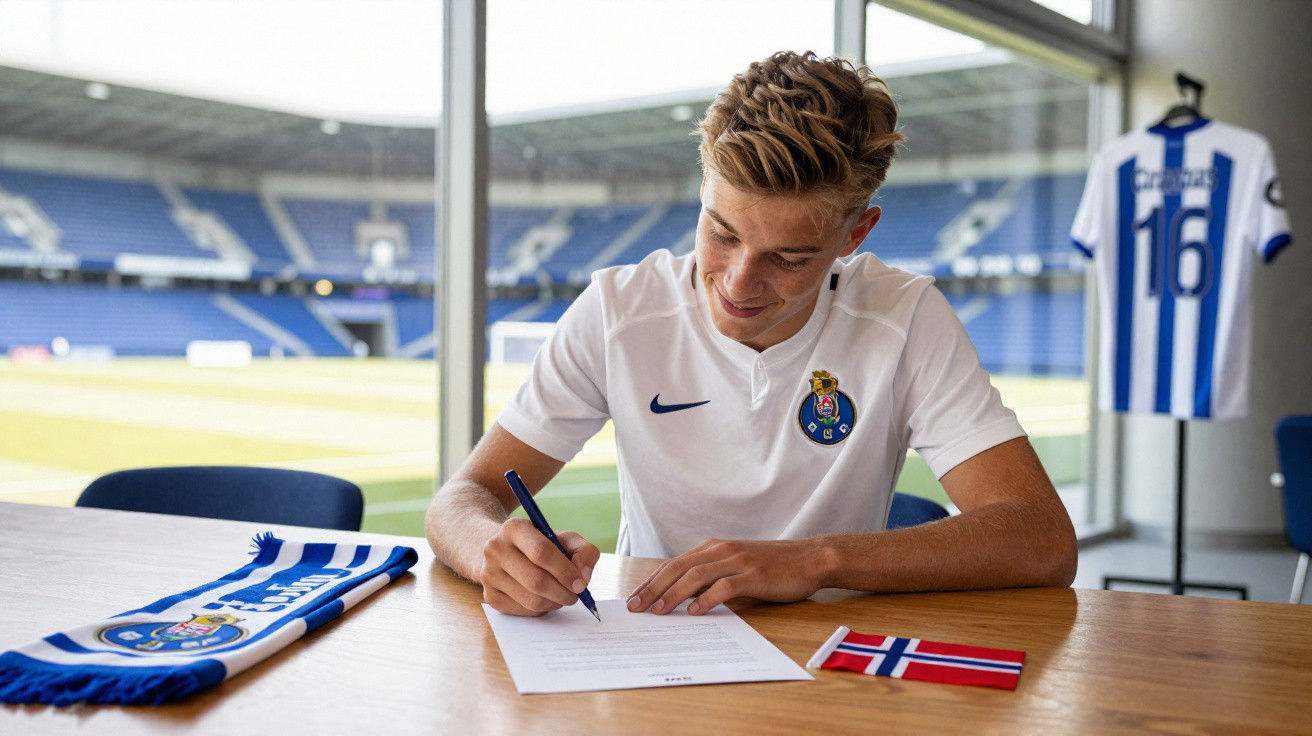 Jogador do FC Porto assina contrato num estádio com bandeira da Noruega na mesa.