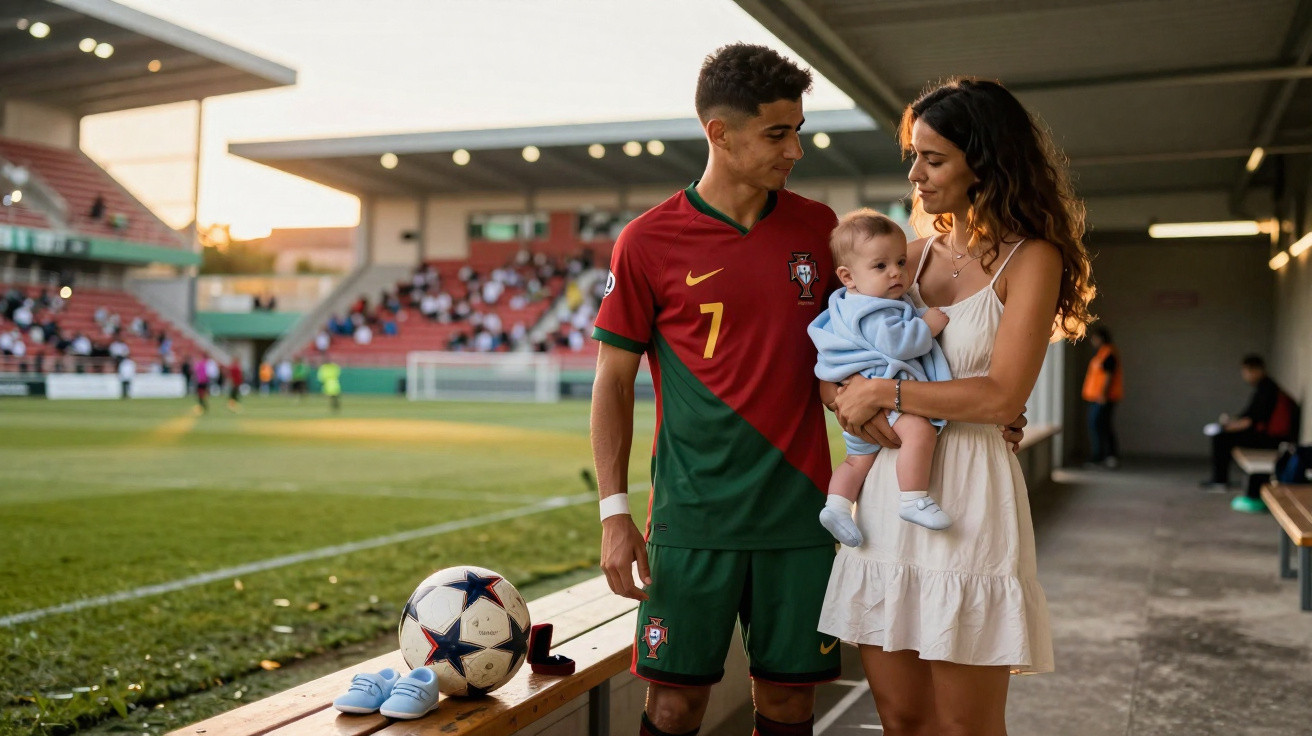 Jogador de futebol português ao lado da mulher e bebé num estádio, próximo de chuteiras e bola de futebol.