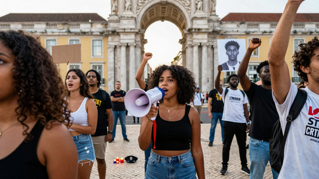 Manifestantes negros em protesto com megafone e fotografias em frente ao Arco da Rua Augusta, Lisboa.