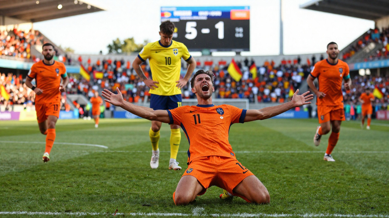 Jogador laranja a celebrar golo com braços abertos, marcador mostra 5-1 num estádio cheio.