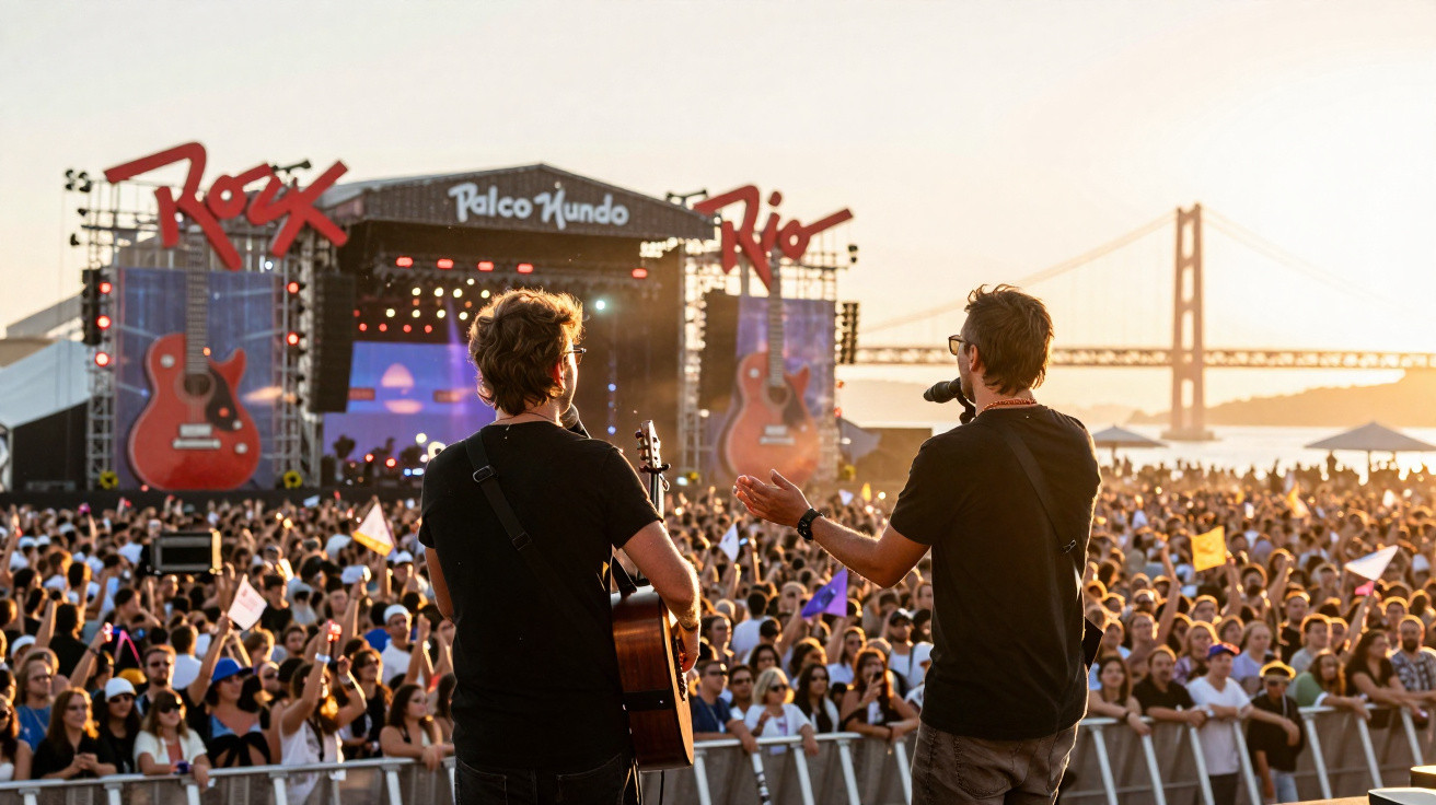 Dois músicos no palco Rock in Rio, um com guitarra e outro com microfone, perante grande multidão ao pôr do sol.