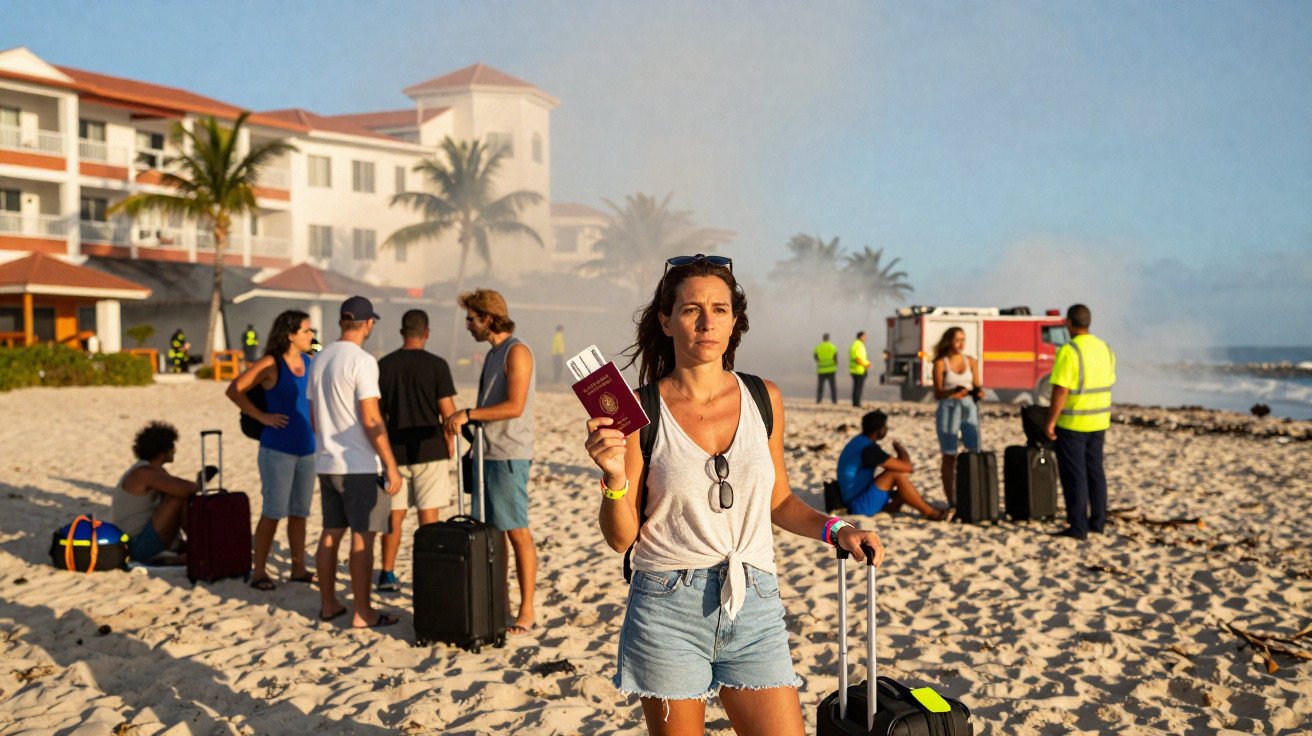 Mulher segurando passaporte e mala, cercada por turistas e bombeiros numa praia com fumaça ao fundo.