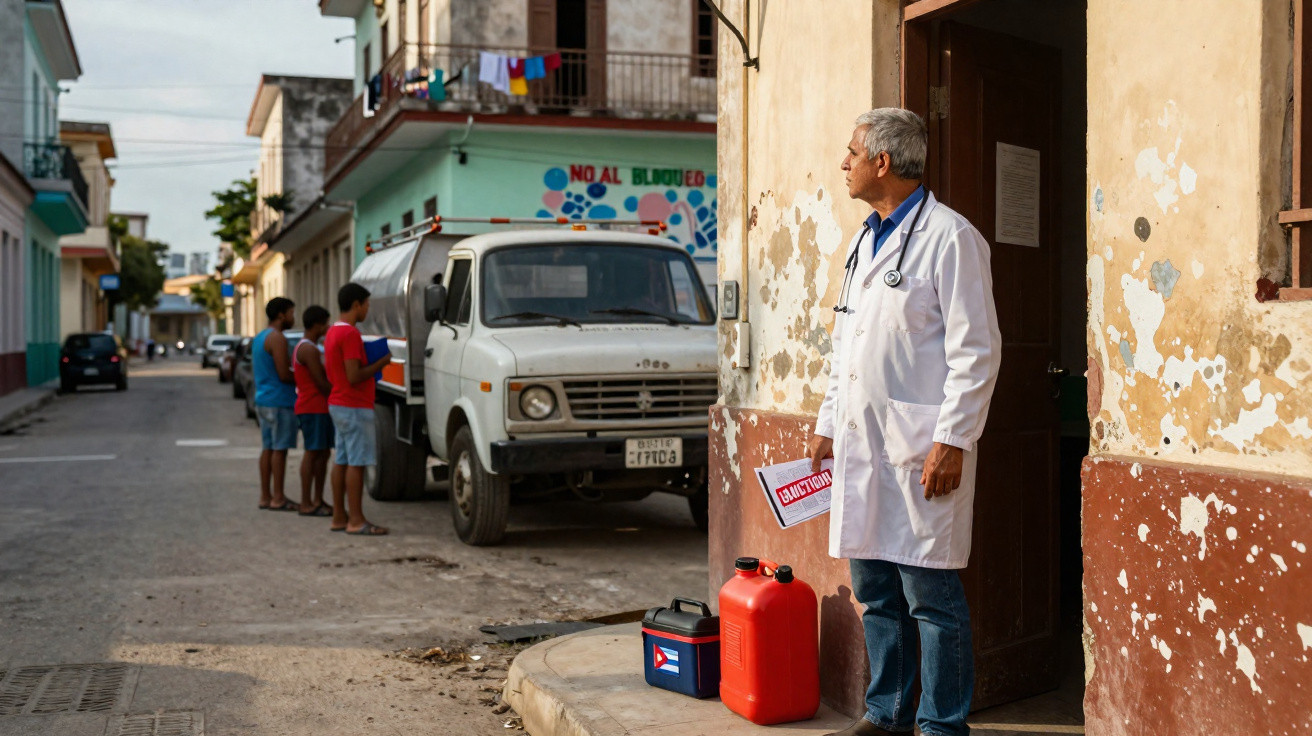 Homem com bata branca e estetoscópio observa rua onde jovens esperam junto a carrinha e caixas coloridas.