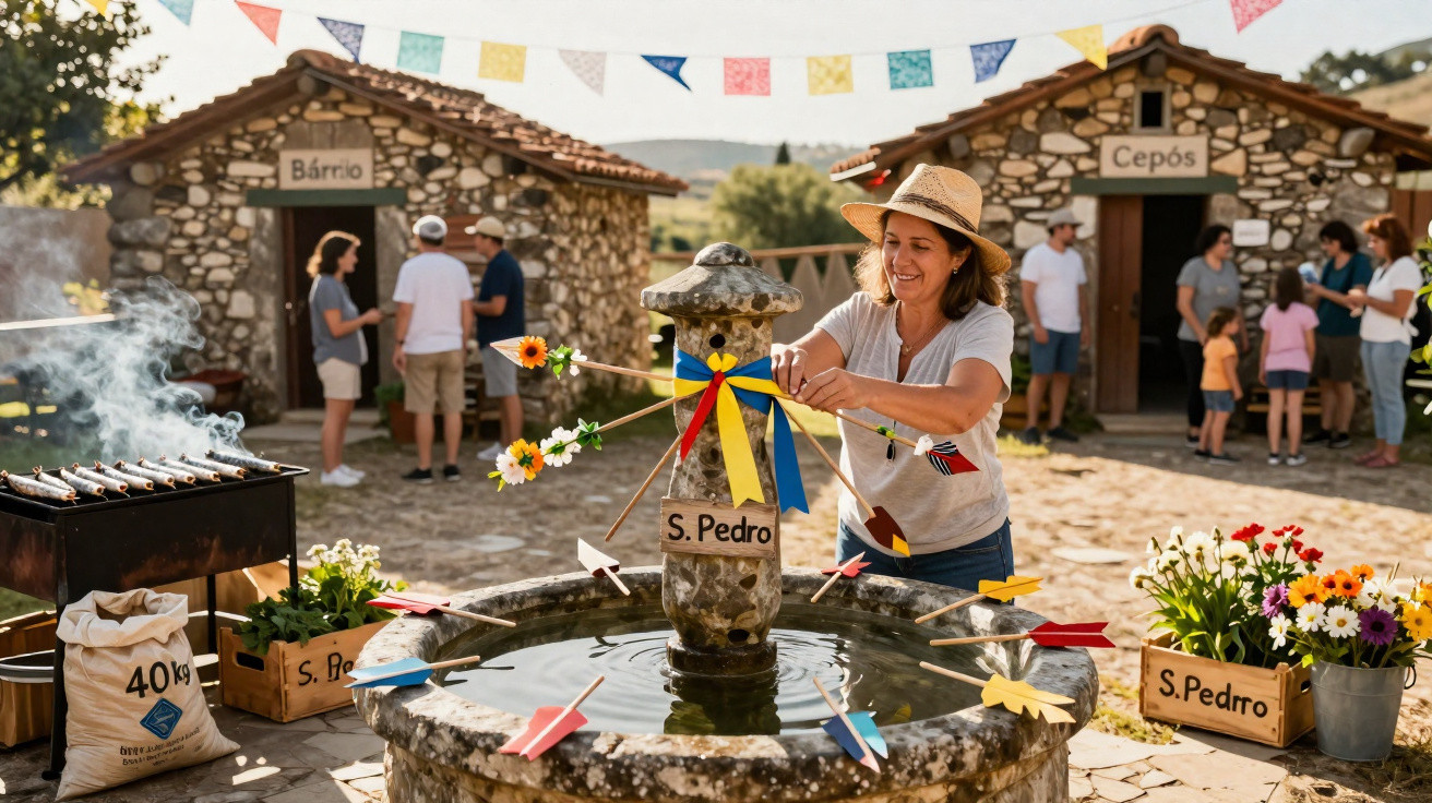 Mulher sorri enquanto coloca flechas coloridas numa fonte decorada com fitas e flores, ambiente festivo ao ar livre.