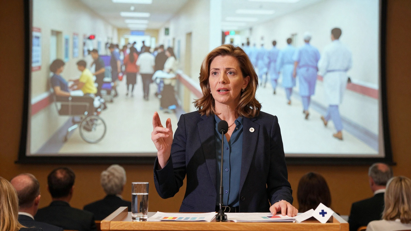 Mulher a discursar num púlpito com microfone, com imagem de hospital e pessoas ao fundo.