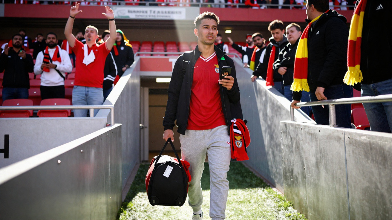 Jogador de futebol do Benfica com mala e cachecol entra no estádio, com adeptos a aplaudir ao fundo.
