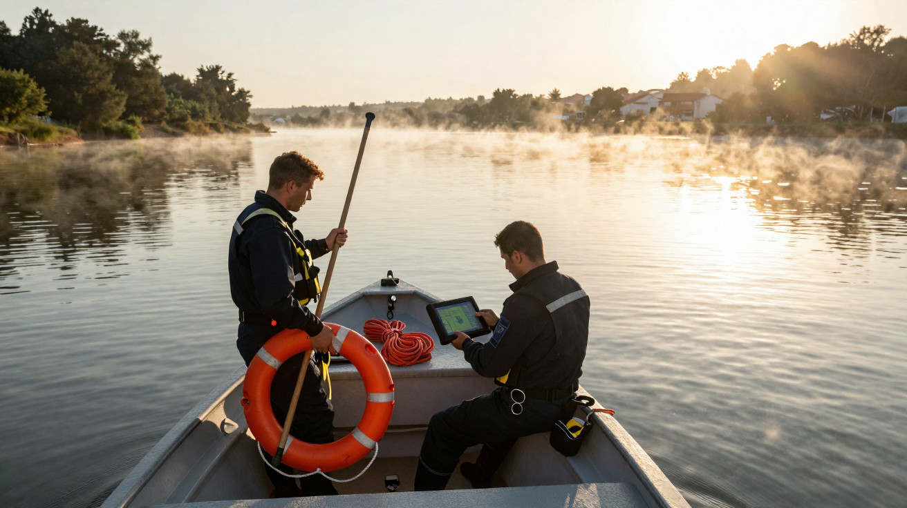 Dois homens em coletes salva-vidas num pequeno barco num rio ao amanhecer, um segura um aro salva-vidas e o outro um tablet.