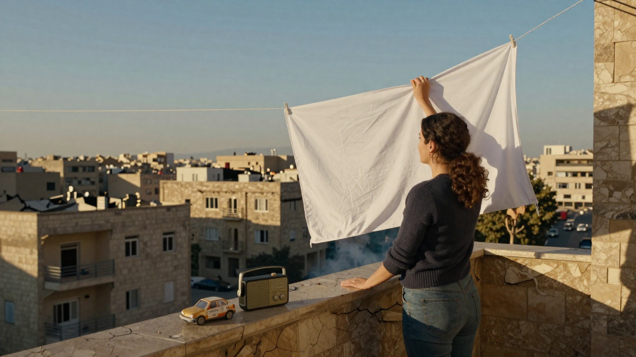 Pessoa a estender uma peça de roupa branca numa varanda com vista para edifícios urbanos ao entardecer.