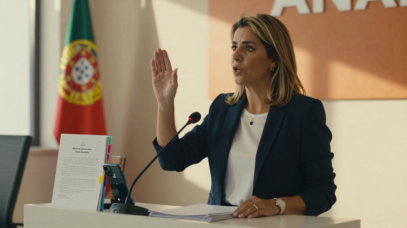 Mulher levanta mão direita a jurar, sentada em bancada com microfone e documentos, com bandeira de Portugal ao fundo.