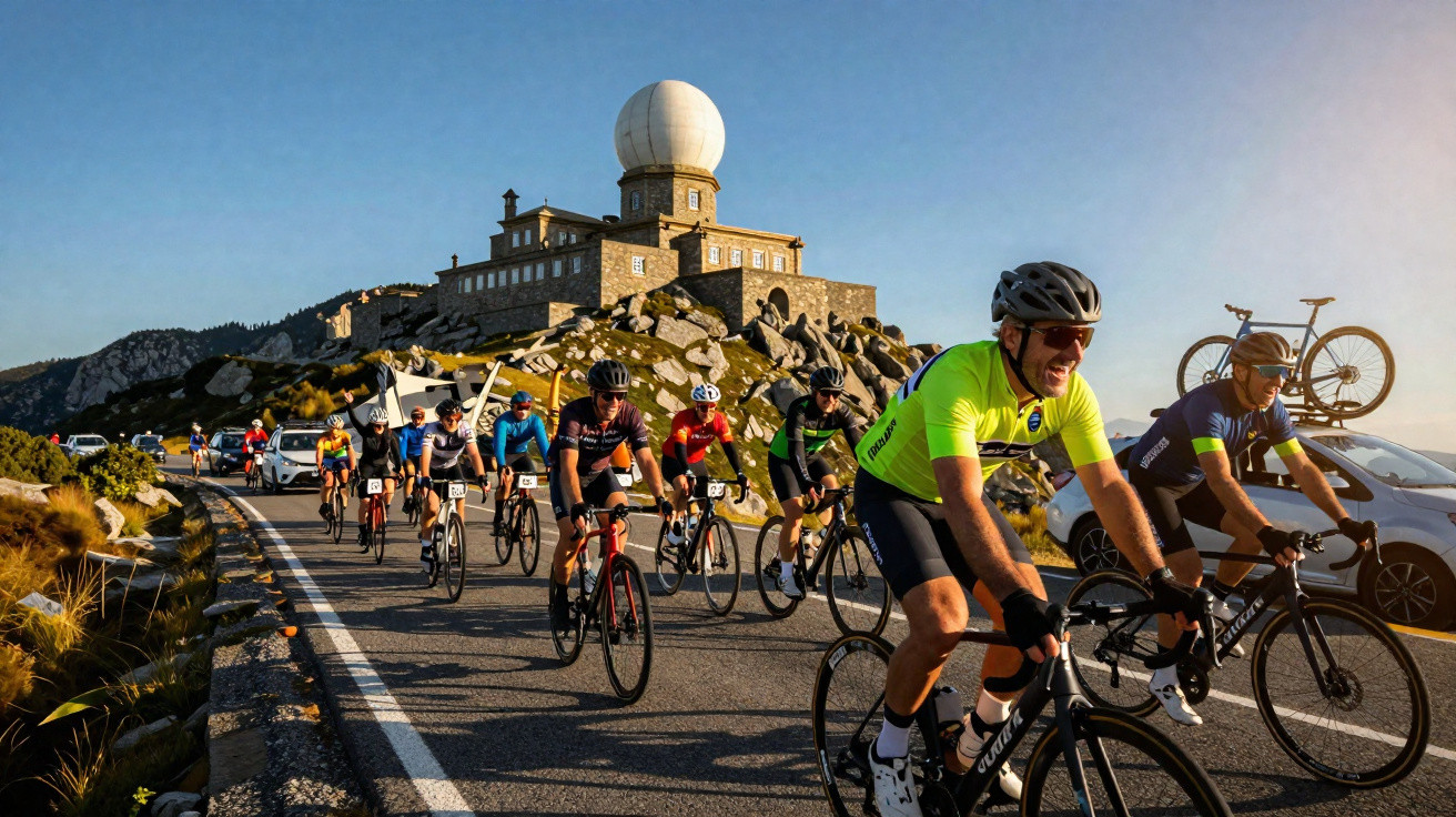Grupo de ciclistas a subir uma estrada junto a edifício com radar num dia ensolarado.