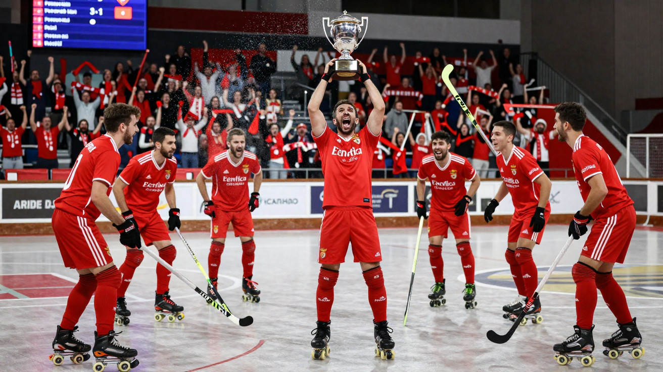 Jogadores de hóquei em patins do Benfica celebram vitória com a taça diante dos adeptos no pavilhão.