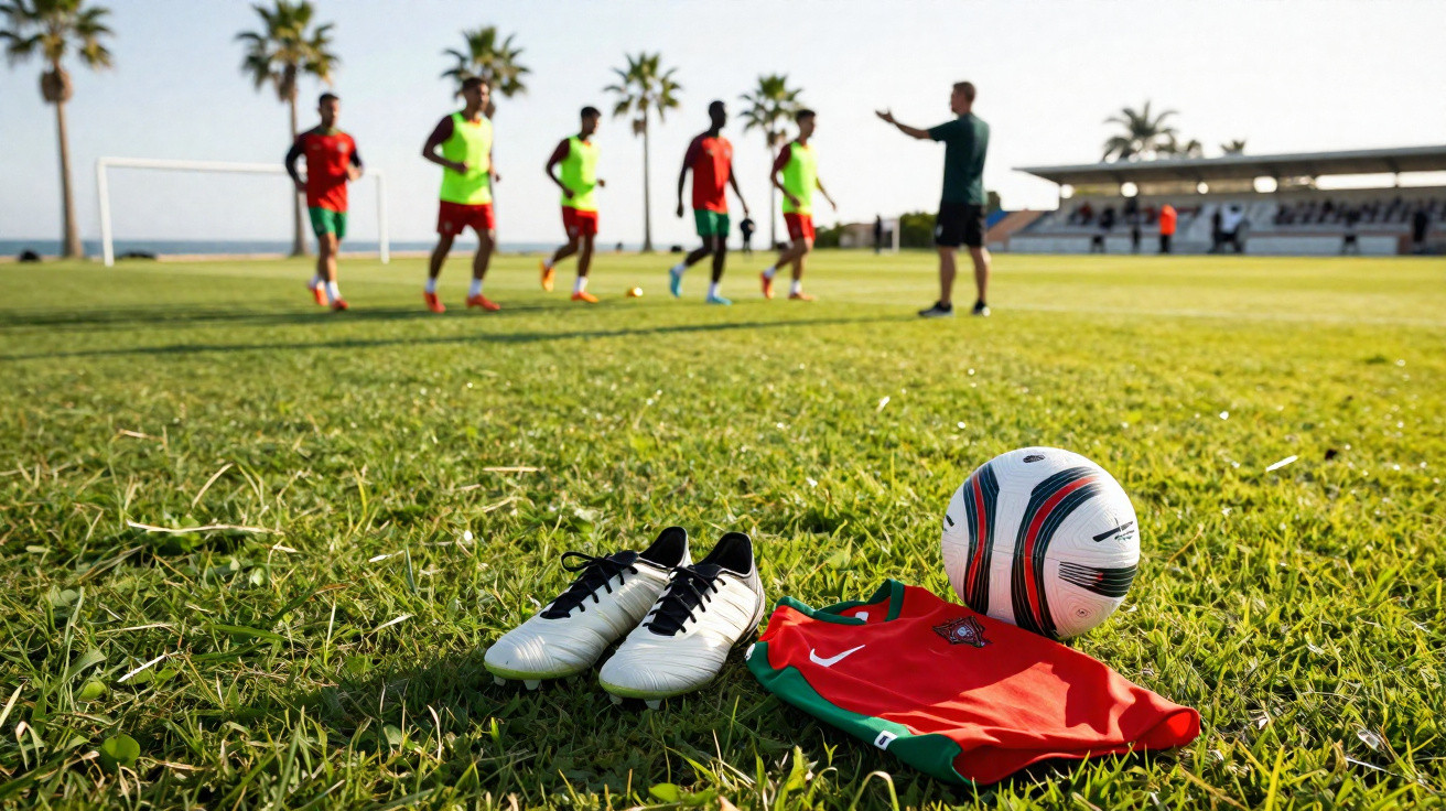 Chuteiras, bola e camisola de futebol de Portugal na relva, treino de jogadores e treinador ao fundo.