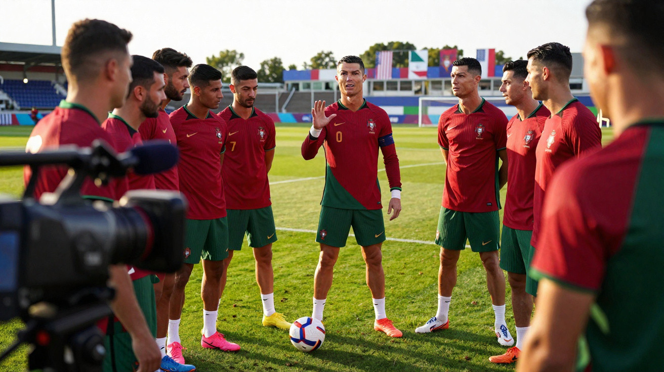 Jogadores da seleção portuguesa de futebol em círculo no campo com bola e câmara de gravação.