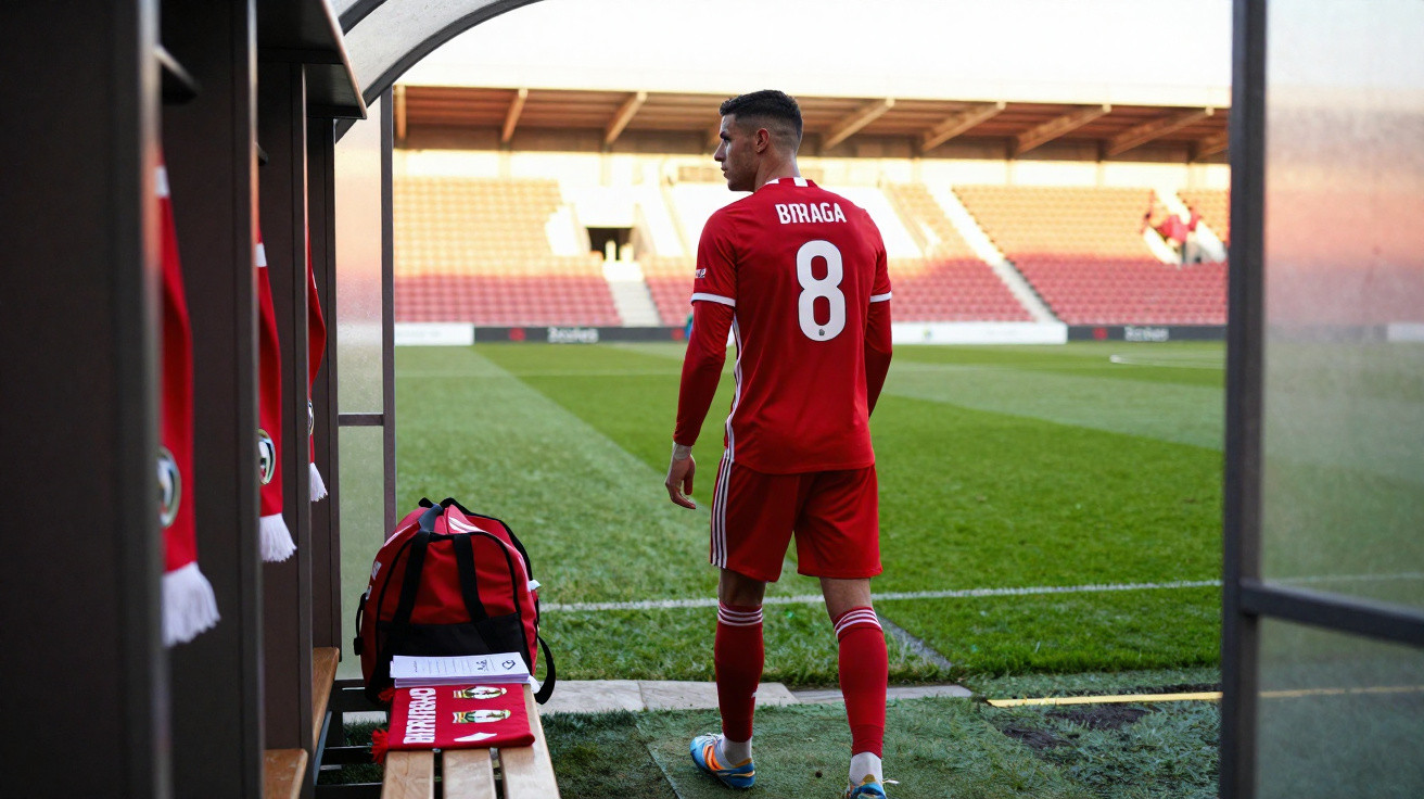 Jogador de futebol do Braga de costas, a entrar em campo num estádio vazio.
