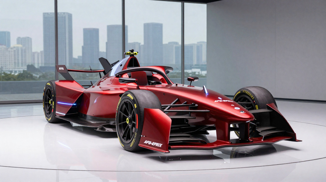 Carro de Fórmula futurista vermelho com pneus de corrida, em sala com janelas grandes e vista urbana.