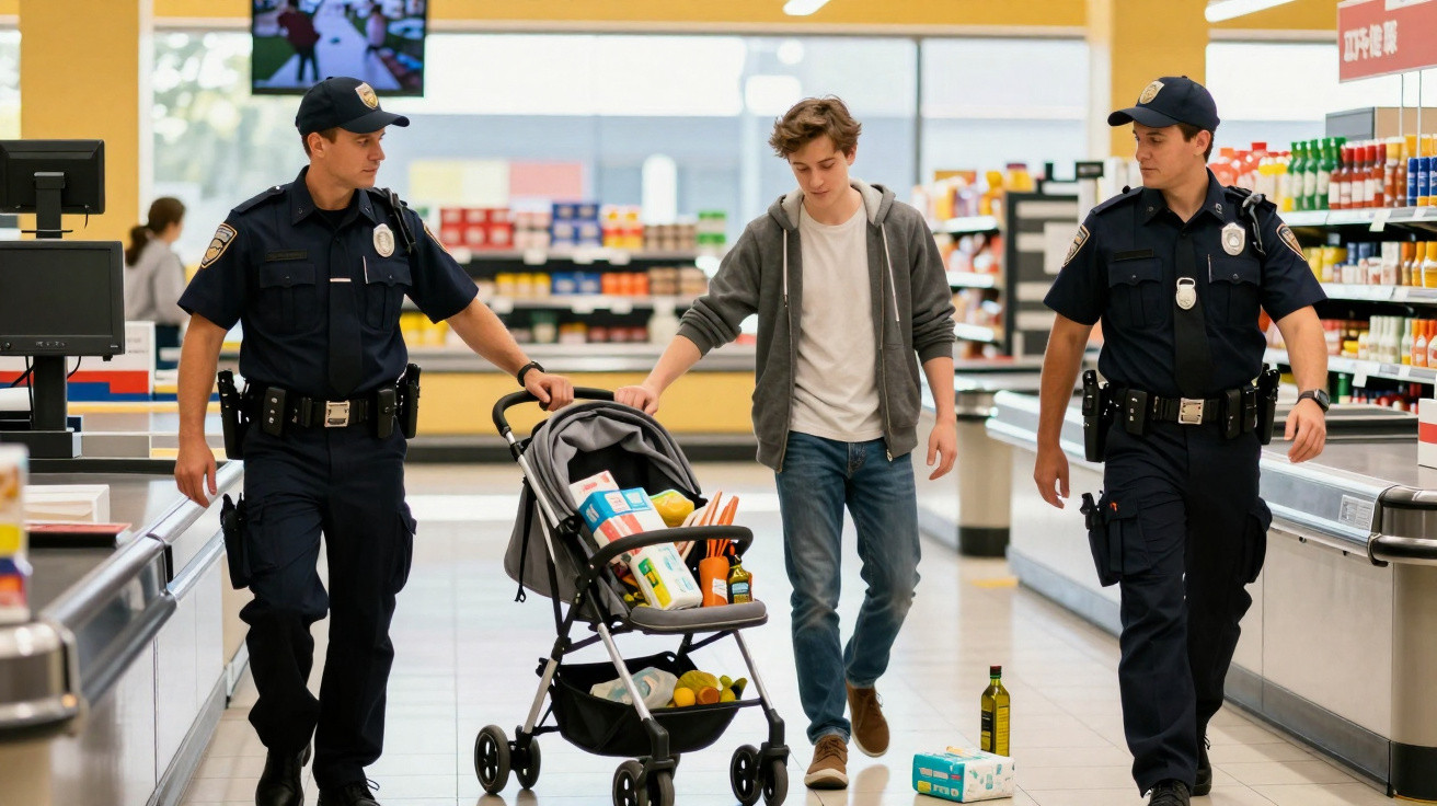 Dois polícias escoltam um jovem com um carrinho de supermercado carregado de compras num corredor iluminado.