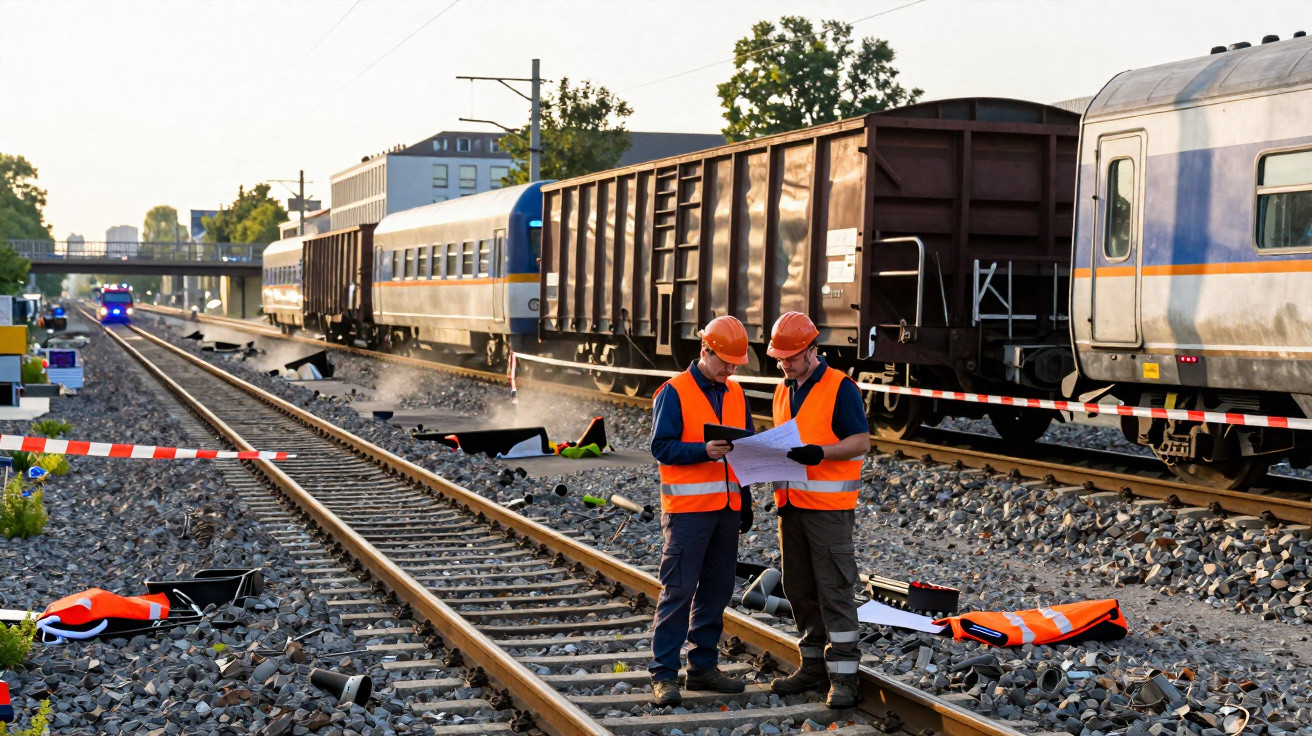 Dois trabalhadores com coletes e capacetes laranja analisam documentos junto a uma linha ferroviária com comboios ao fundo.
