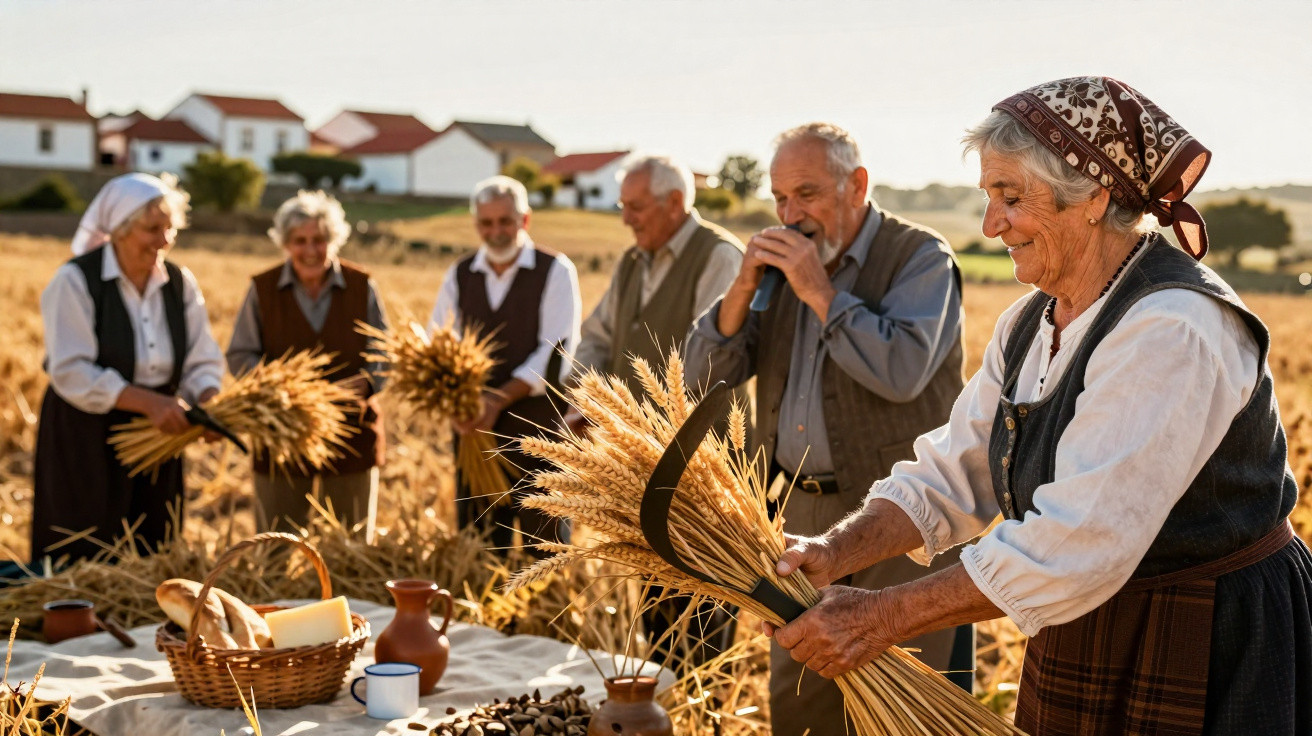 Grupo de idosos em trajes tradicionais a colher e celebrar a colheita de trigo numa paisagem rural.