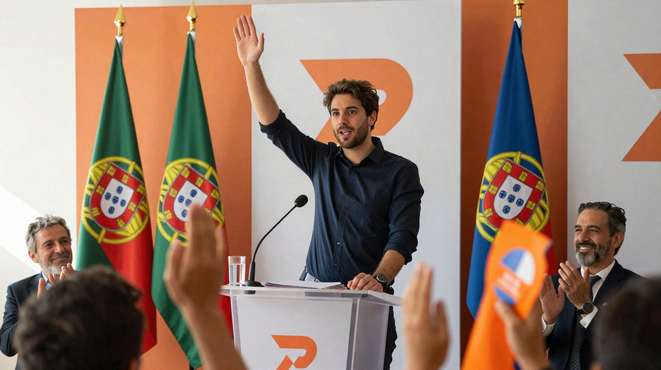 Homem de camisa azul levanta a mão ao falar em púlpito com bandeiras de Portugal ao fundo, público a votar.