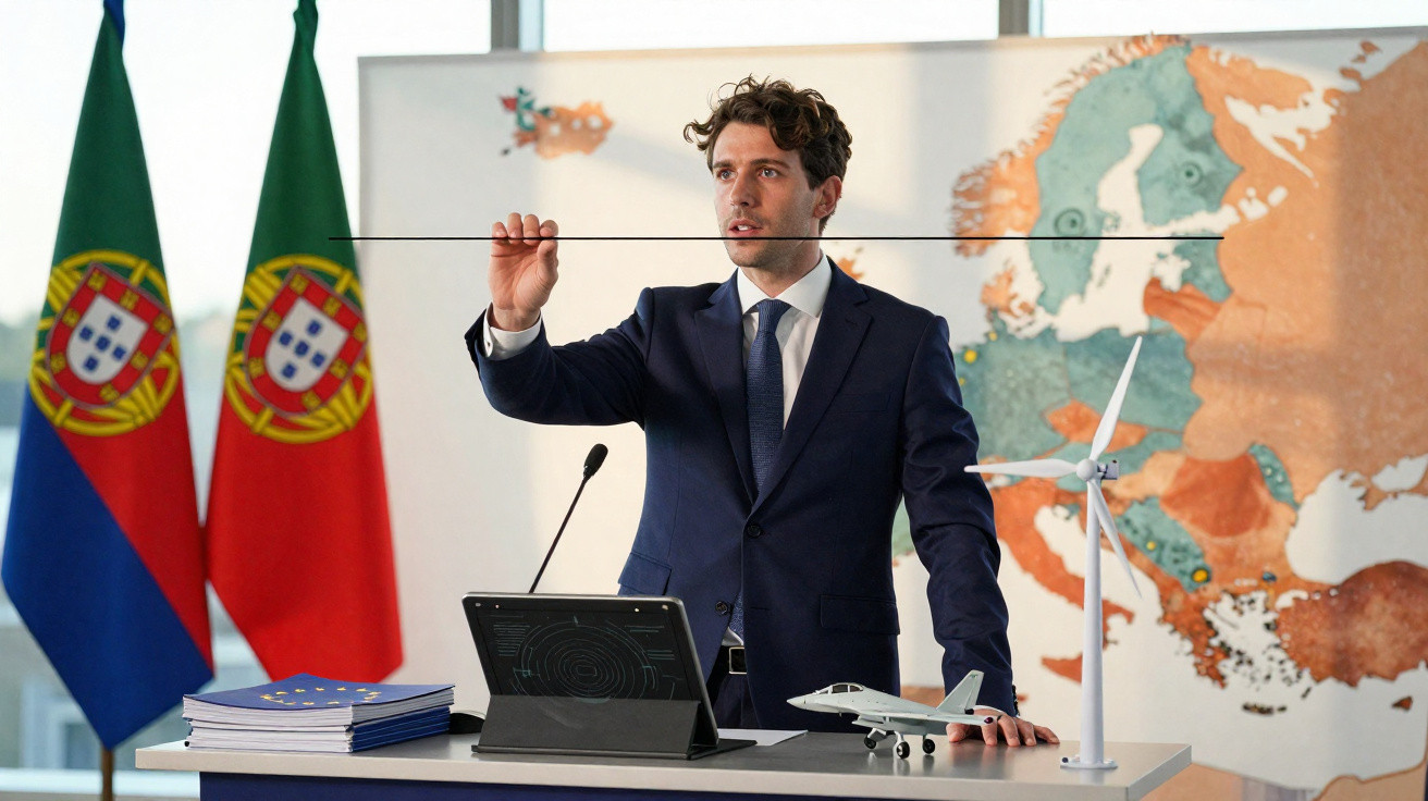Homem de fato, de pé, a fazer apresentação com maquetes de avião e turbina, bandeiras de Portugal ao fundo.