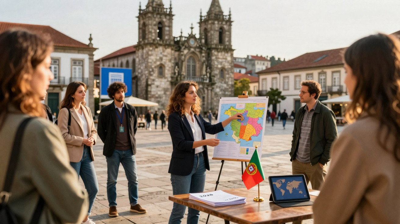 Grupo de jovens numa praça em Portugal, mulher explica mapa do país numa apresentação ao ar livre.