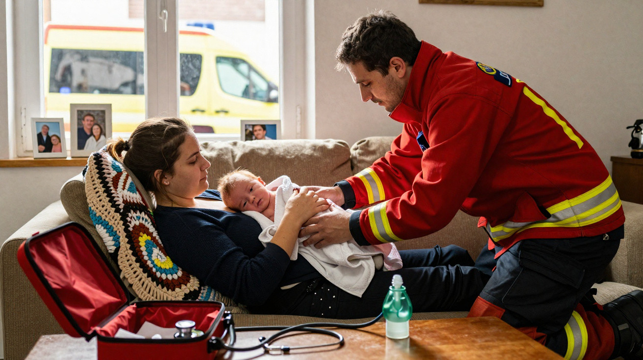 Paramédico a prestar assistência a bebé nos braços da mãe num sofá, com ambulância visível pela janela.