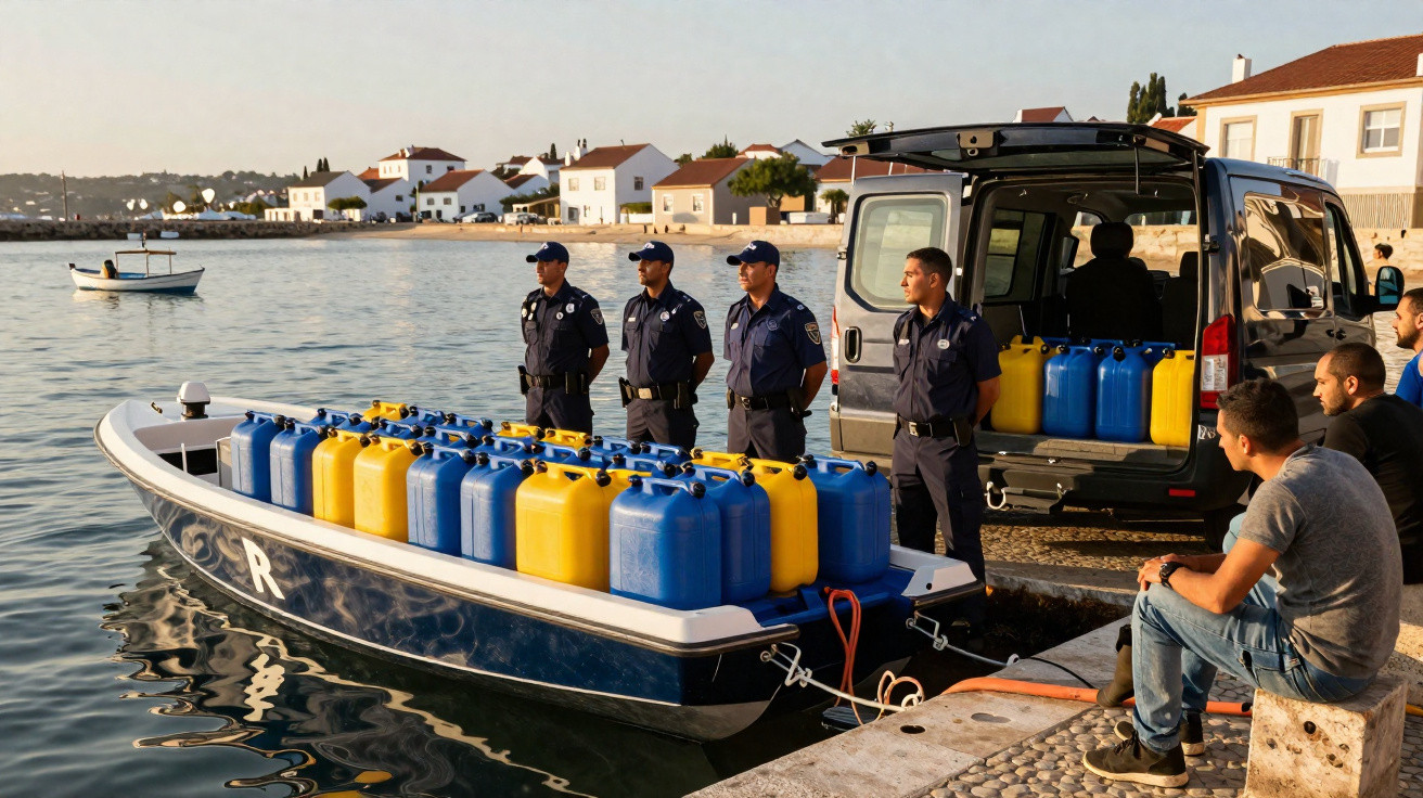 Quatro agentes da polícia junto a um barco cheio de recipientes amarelos e azuis na água, com duas pessoas sentadas no cais.