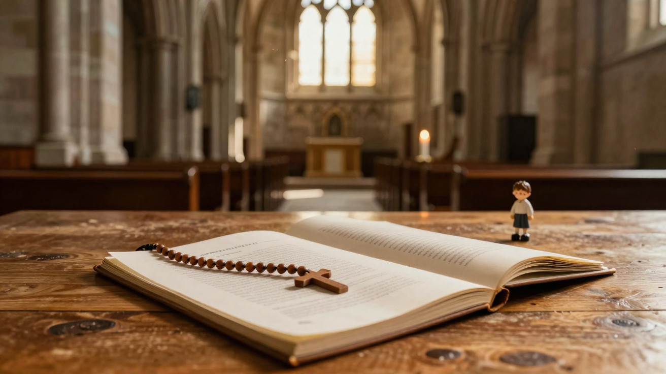 Livro aberto com terço e cruz de madeira sobre mesa numa igreja iluminada por luz natural.