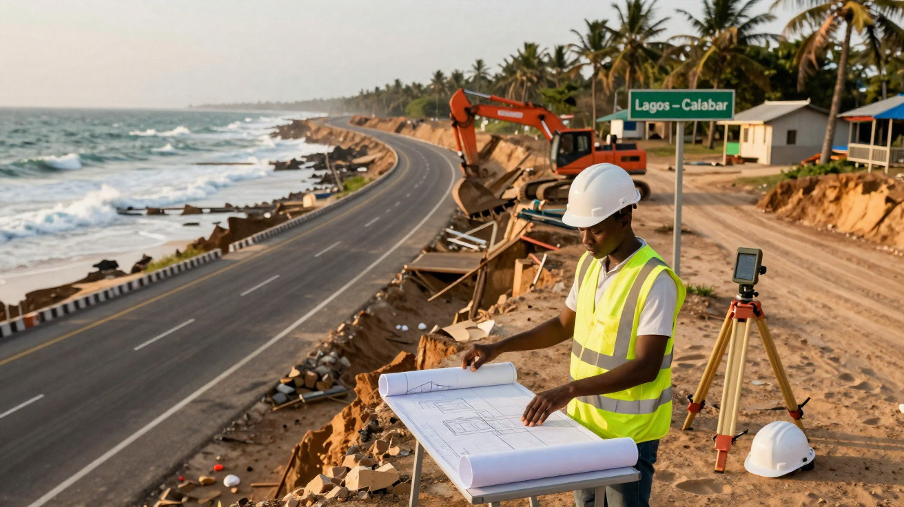 Engenheiro com colete e capacete verifica planta numa obra à beira-mar com escavadora e sinal de Lagos-Calabar.