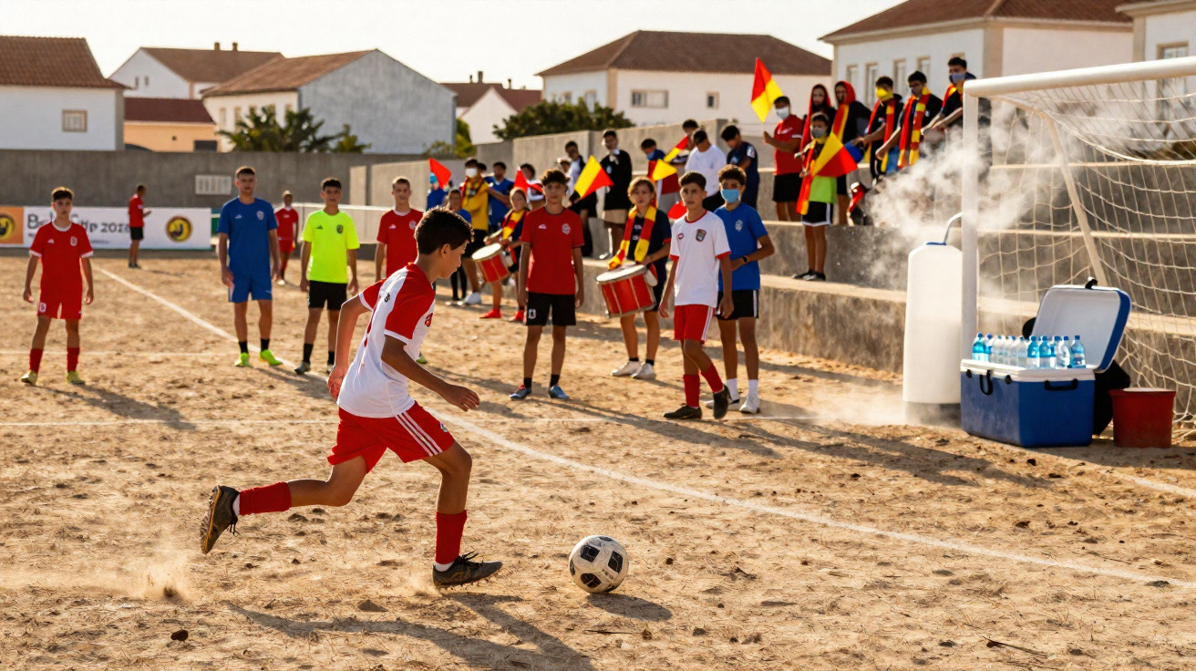 Jovem a chutar bola num campo de futebol de terra, com colegas e espectadores a assistir com bandeiras e tambores.
