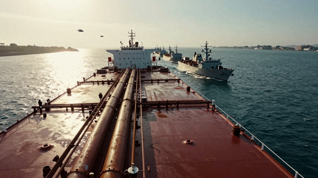 Navios de guerra e cargueiros em mar calmo ao pôr do sol, com dois aviões militares no céu.