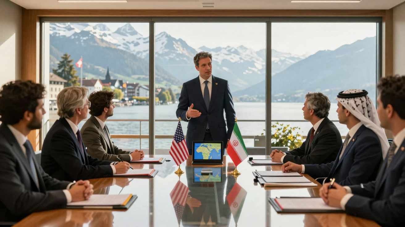Reunião diplomática com homens em fato à volta de uma mesa, bandeiras dos EUA e Irão, vista de montanhas e lago ao fundo.