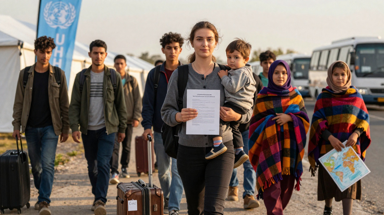 Grupo de refugiados a caminhar com bagagens e documentos num campo, com bandeira da ONU ao fundo.