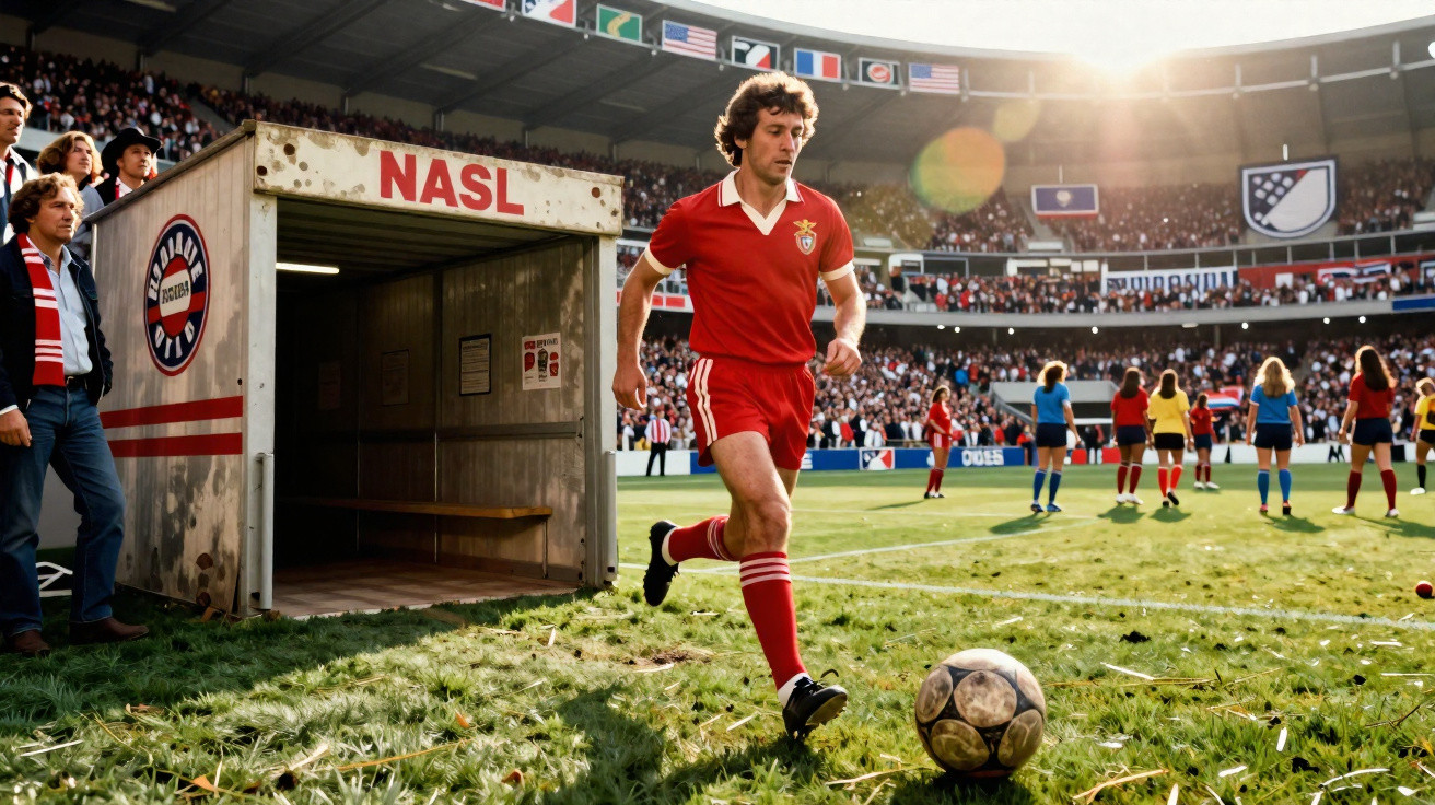 Jogador de futebol em uniforme vermelho conduz a bola em campo com estádio cheio ao fundo.