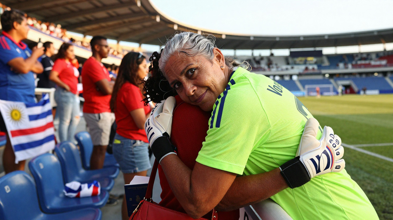 Jogadora de futebol feminina de luvas abraça adepta na bancada de estádio durante jogo.