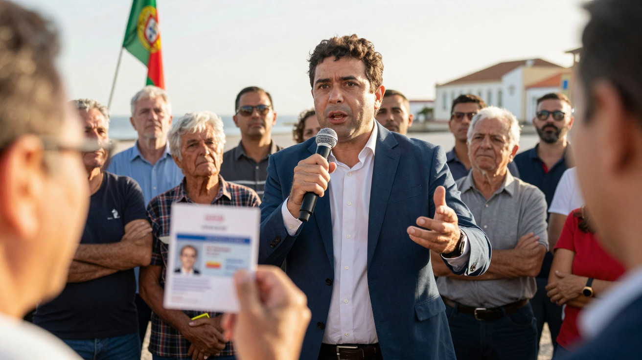 Homem fala ao microfone em protesto ao ar livre com grupo de pessoas e bandeira de Portugal ao fundo.