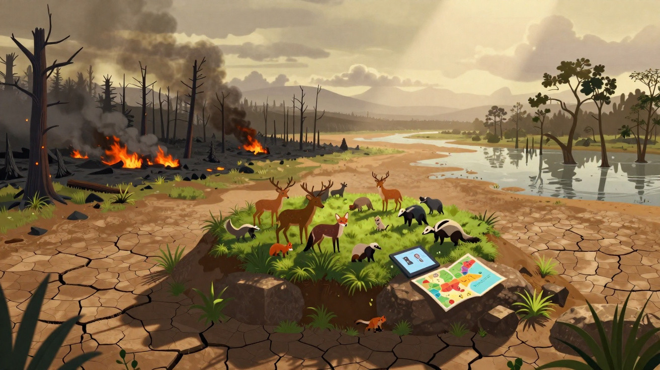 Desenho de animais selvagens num pequeno oásis verde rodeado por terra seca e floresta em fogo.