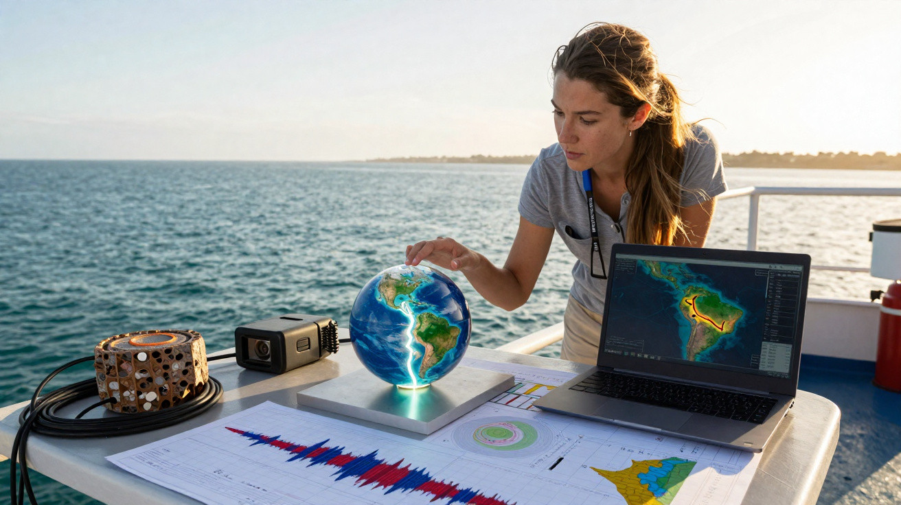 Mulher a analisar globo terrestre iluminado com laptop e gráficos sobre mesa num barco junto ao mar.